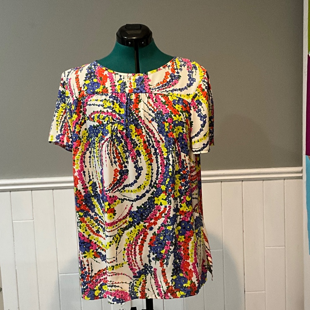Women's Short Sleeve Floral Swirl Blouse - White Multi